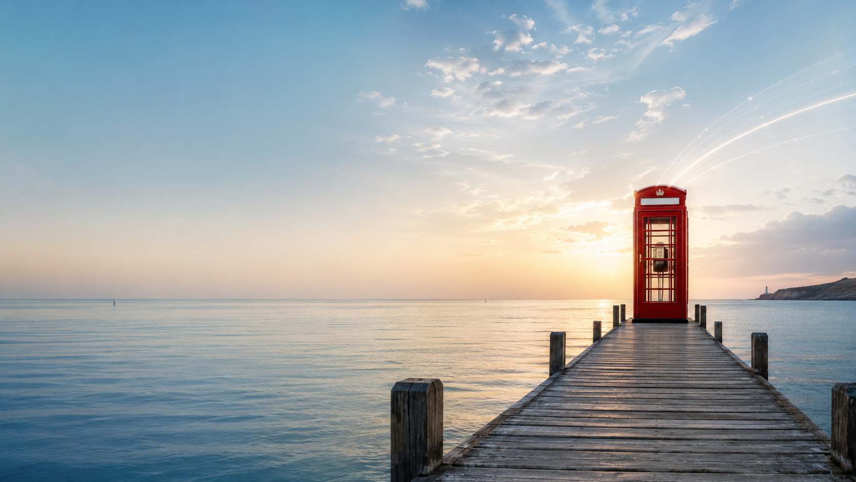 Traditional red telephone kiosk at the end of a pier, representing communication reaching beyond physical limits