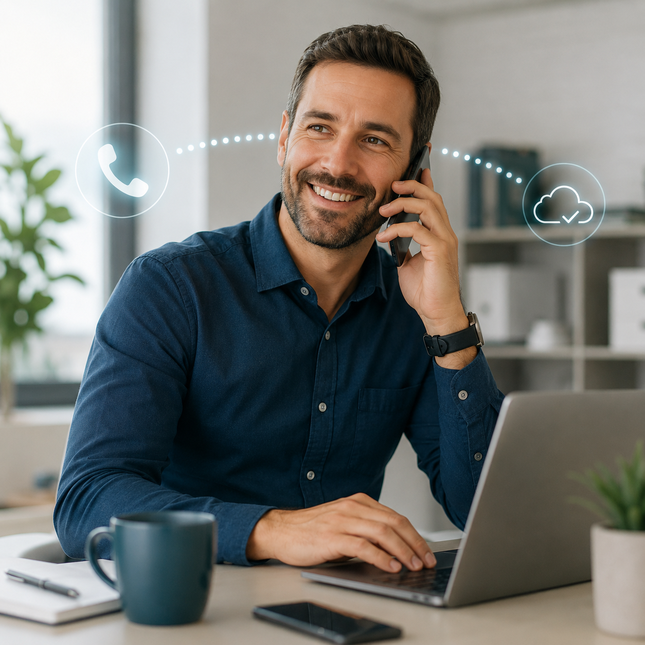 Business customer confidently managing telephone calls and number continuity