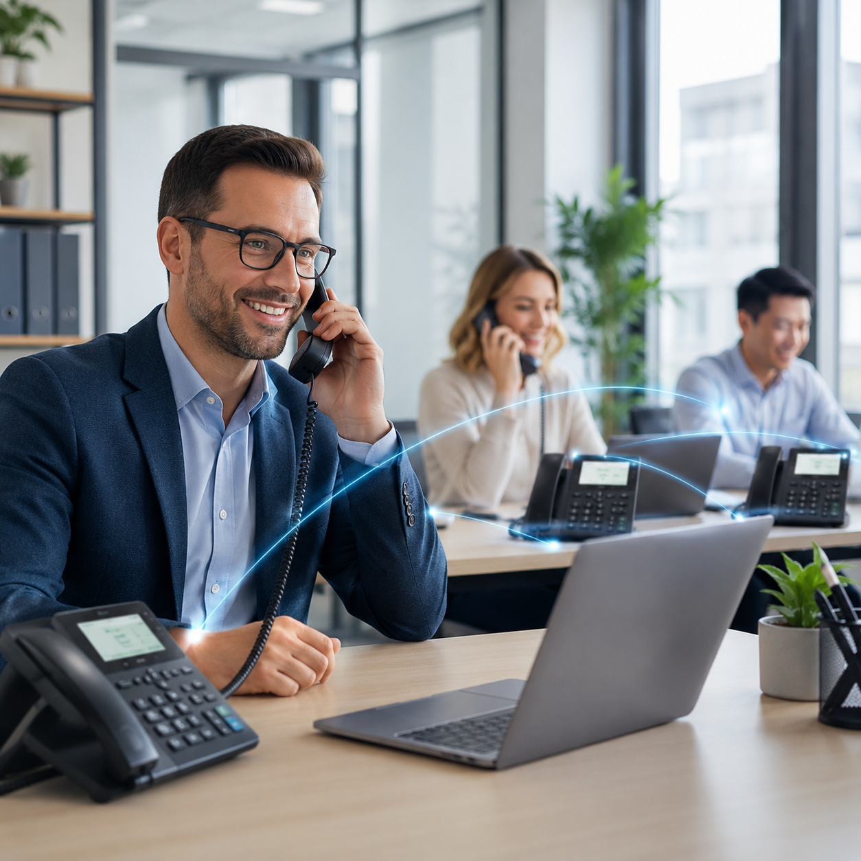 Office team using connected desk phones and business systems
